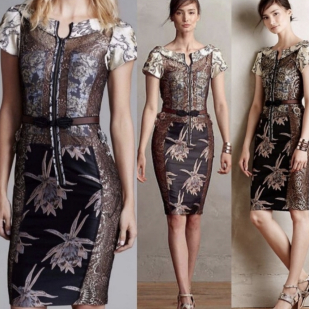 ANTHROPOLOGIE Metallic Floral Pieced Brocade Dress
